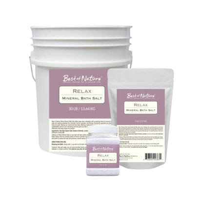 Relax Mineral Bath Salt 26 oz jar, 5 lb bag, and 30 lb pail